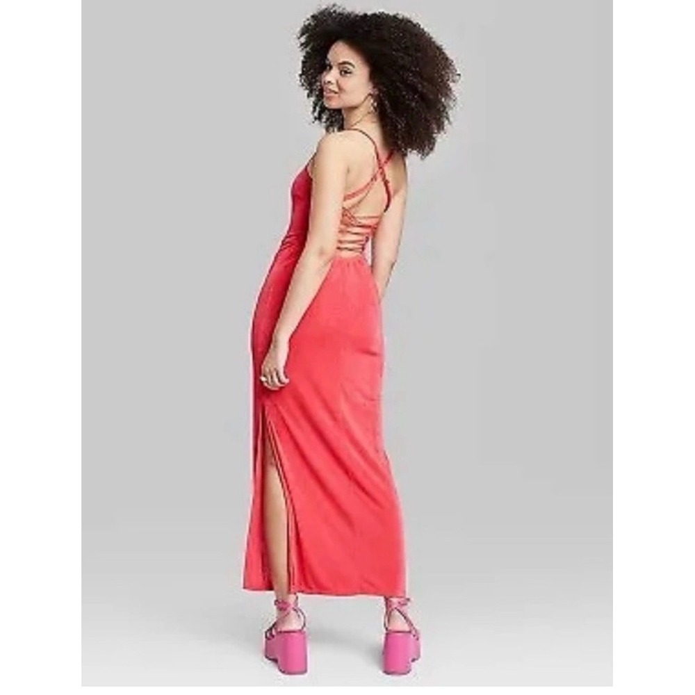 Wild Fable Red Lace Up Back Maxi Dress Square Neck Side Slit Size 00